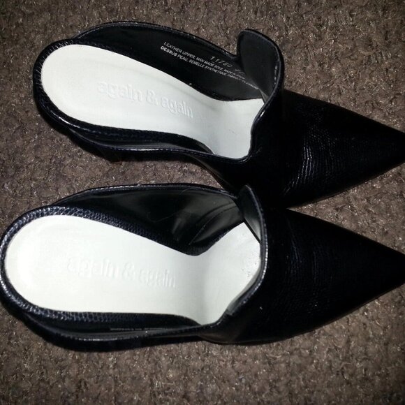 AGAIN&AGAIN-Stiletto Mules-Black Leather-Snakeskin Pattern-Sz 37-6.5US-NEAR MINT - Picture 6 of 7